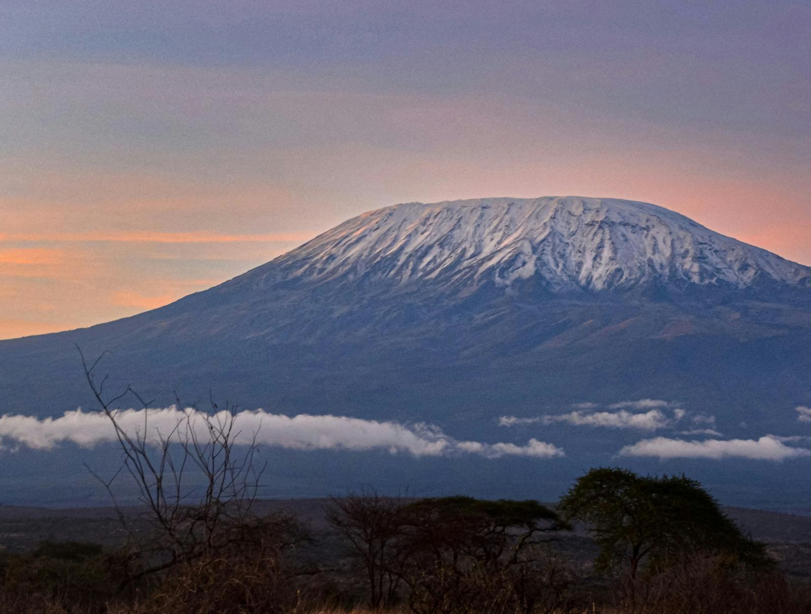Kibo, the snow-capped summit of Kilimanjaro, under a pink sunrise sky above a band of cloud, seen from the savanna in Kenya